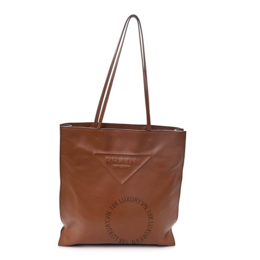 Túi xách Prada Soft Calfskin Triangle Logo Embossed Tote Cognac FPTP284