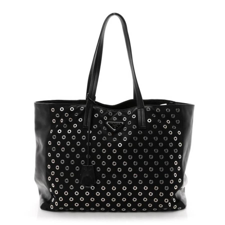 Túi xách Prada Tessuto Nylon Calfskin Grommet Tote Black FPTP089
