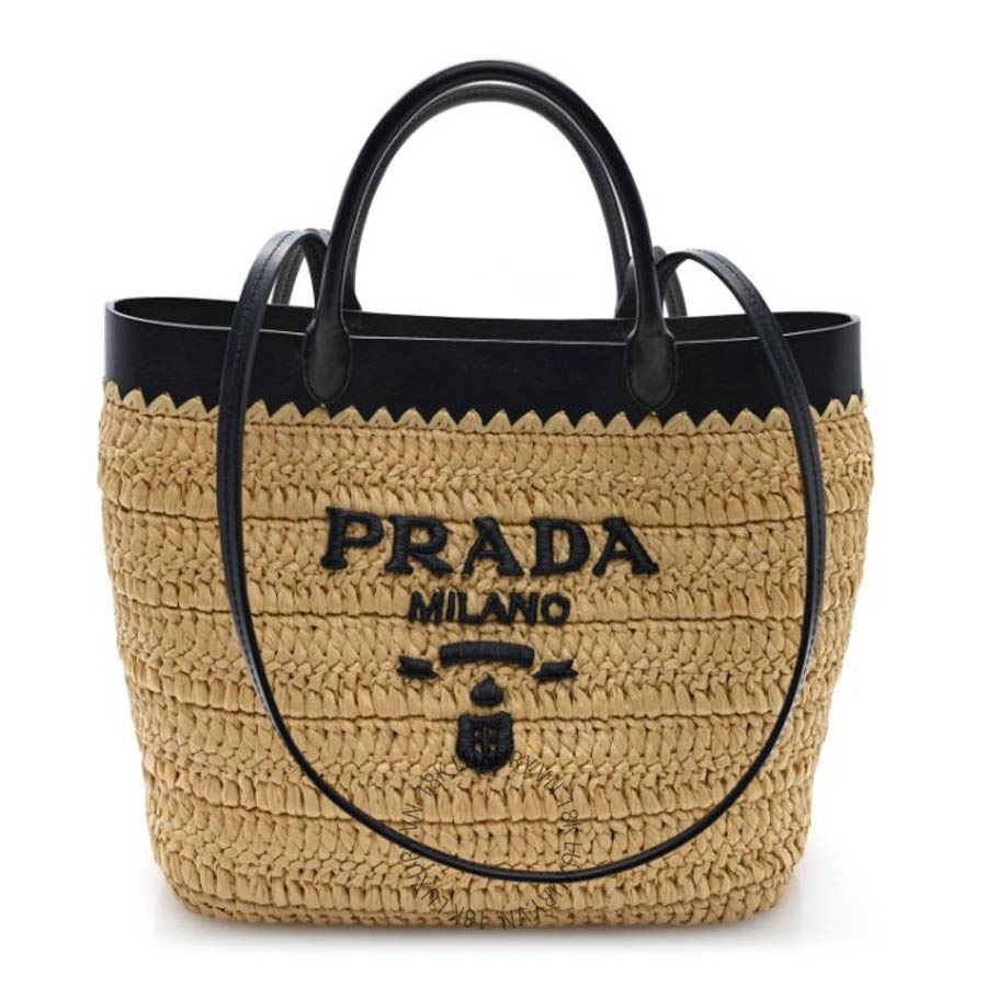 Túi xách Prada Yarn Raffia Effect Calfskin Crochet Embroidered Medium Logo Tote Tan Black FPTP556