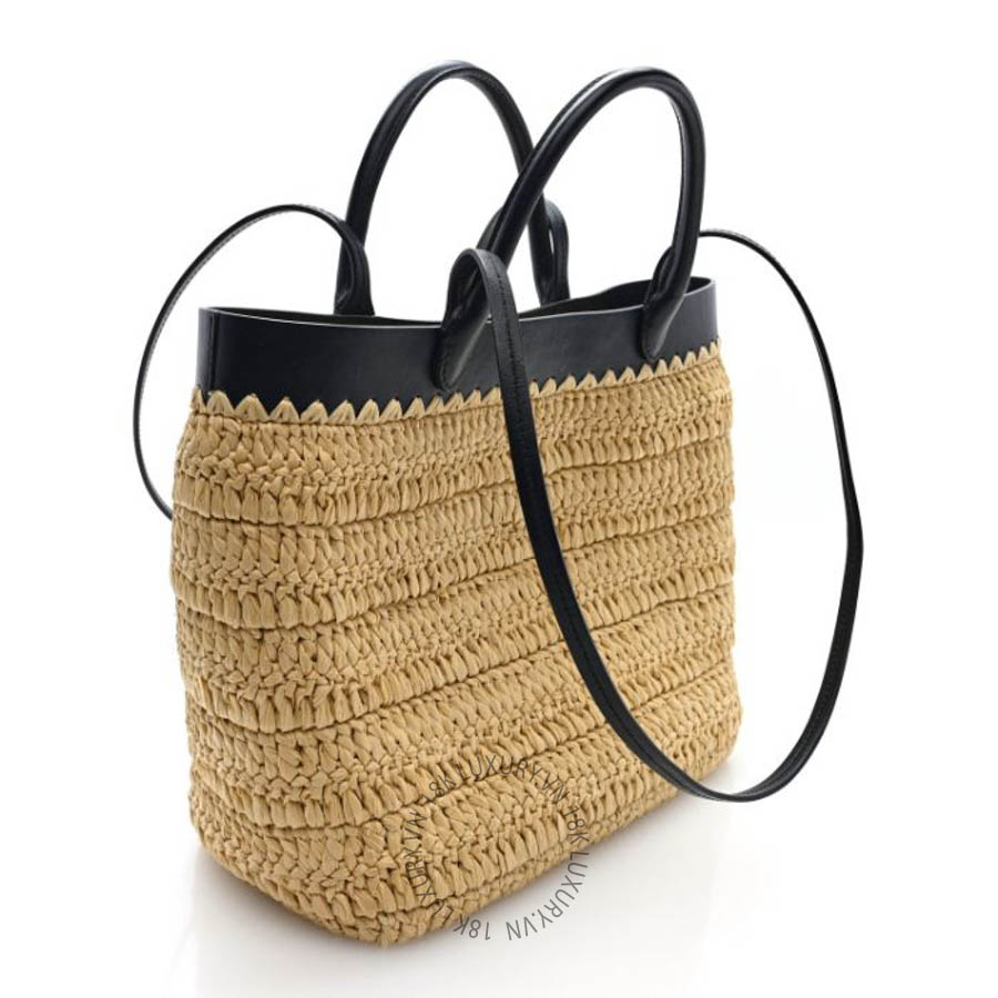 Túi xách Prada Yarn Raffia Effect Calfskin Crochet Embroidered Medium Logo Tote Tan Black FPTP556