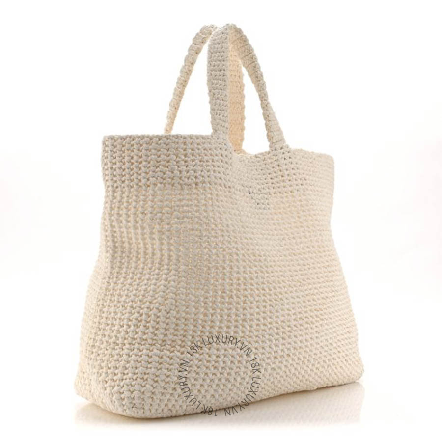 Túi xách Prada Yarn Raffia Effect Crochet Embroidered Large Logo Tote White FPTP234