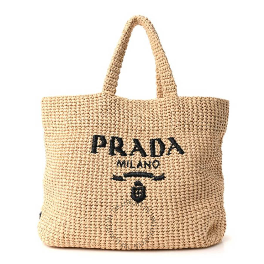Túi xách Prada Yarn Raffia Effect Crochet Embroidered Logo Tote Naturale FPTP445