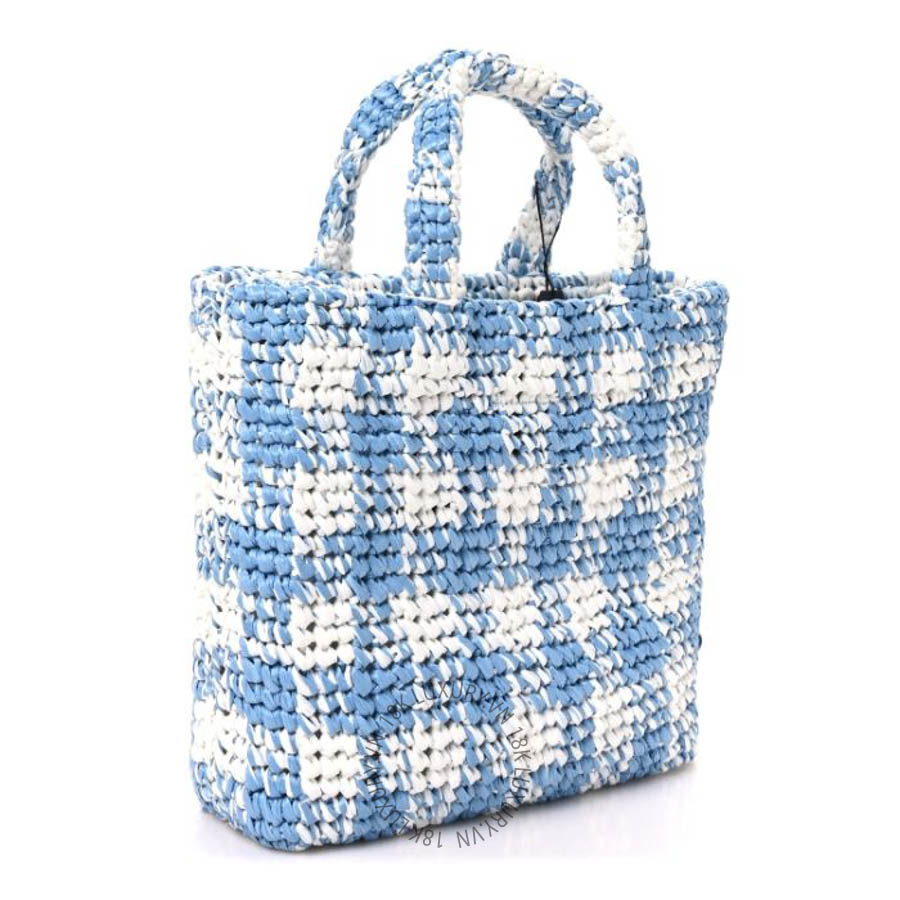 Túi xách Prada Yarn Raffia Effect Crochet Embroidered Small Logo Tote Celeste FPTP337