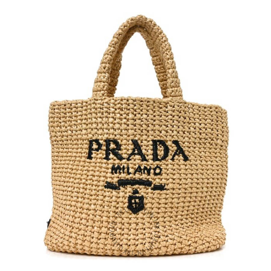 Túi xách Prada Yarn Raffia Effect Crochet Embroidered Small Logo Tote Naturale FPTP393