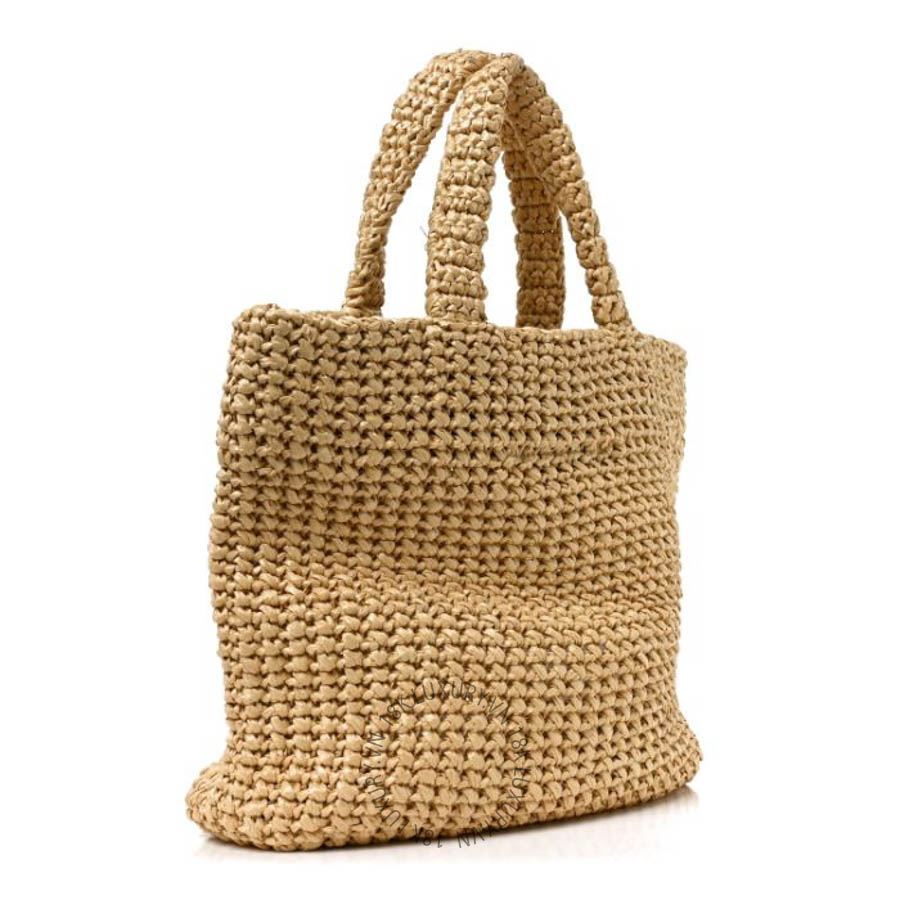 Túi xách Prada Yarn Raffia Effect Crochet Embroidered Small Logo Tote Naturale FPTP393