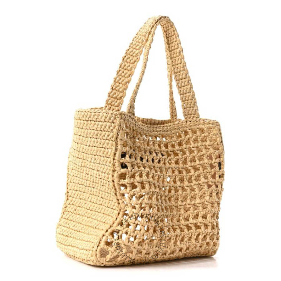 Túi xách Prada Yarn Raffia Effect Crochet Logo Embroidered Small Tote Bag Naturale FPTP379