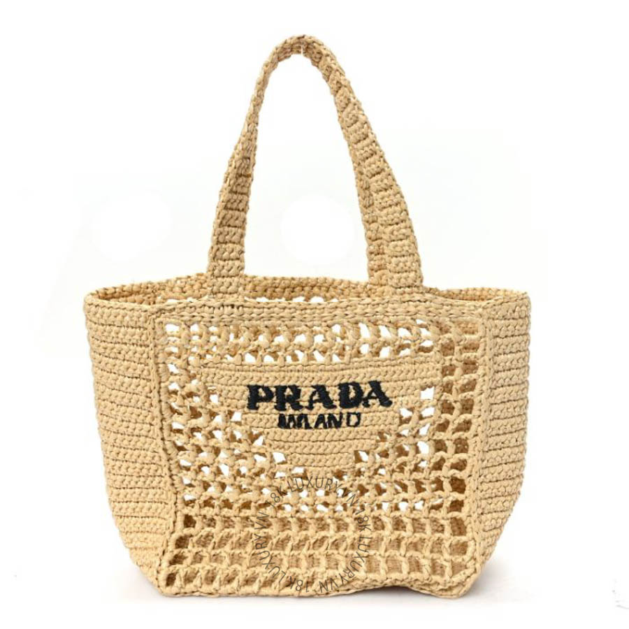 Túi xách Prada Yarn Raffia Effect Crochet Logo Embroidered Small Tote Bag Naturale FPTP456