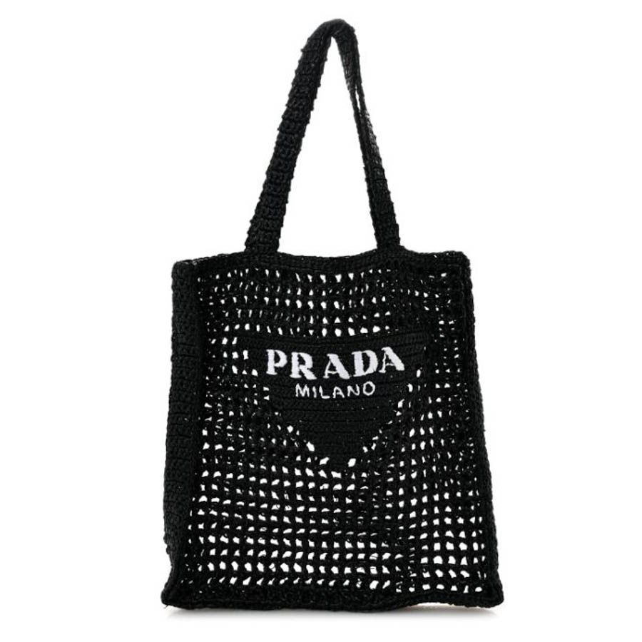 Túi xách Prada Yarn Raffia Effect Crochet Logo Embroidered Tote Bag Black FPTP301