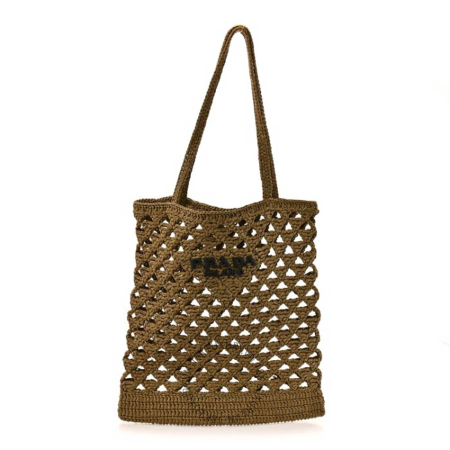 Túi xách Prada Yarn Raffia Effect Embroidered Logo Tote Oliva FPTP385