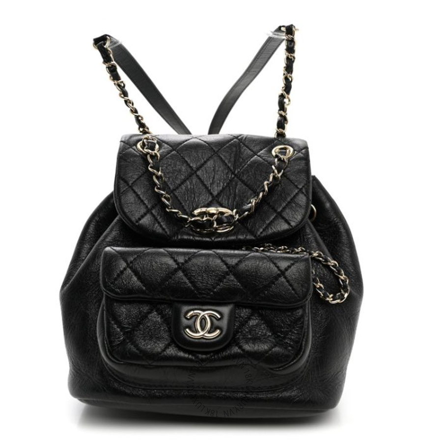 Balo Chanel Glazed Aged Calfskin Quilted Small Duma Drawstring Backpack Black FPTC815