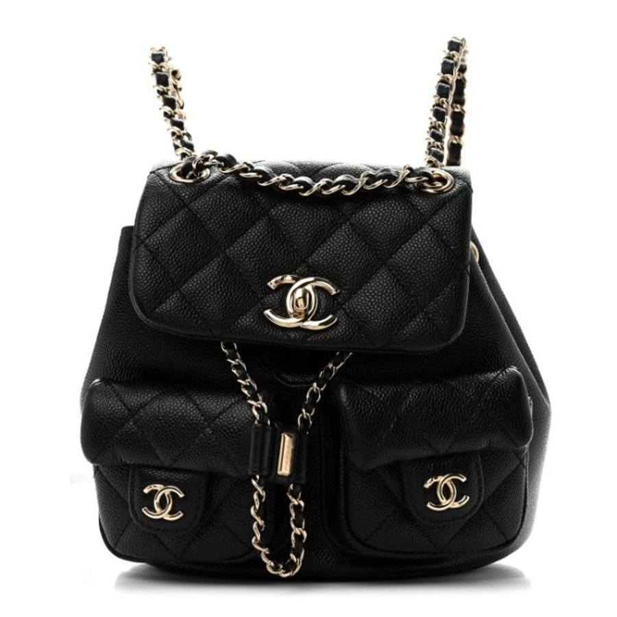 Balo Chanel Shiny Caviar Quilted Small Duma Pockets Drawstring Backpack Black FPTC1056
