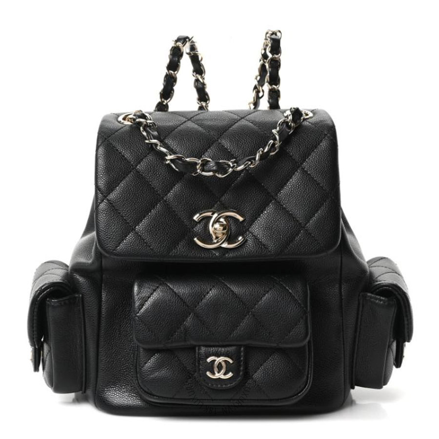 Balo Chanel Shiny Caviar Quilted Small Pockets Drawstring Backpack Black FPTC751