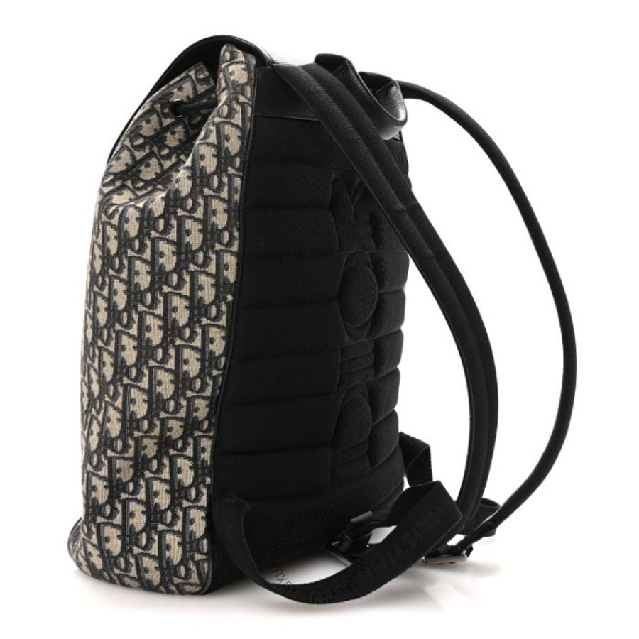 Balo Christian Dior Oblique Jacquard Grained Calfskin Drawstring Saddle Backpack Beige Black DIO018