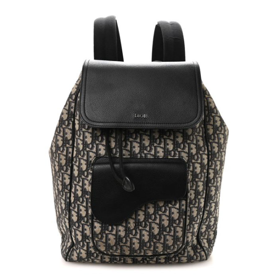 Balo Christian Dior Oblique Jacquard Grained Calfskin Drawstring Saddle Backpack Beige Black DIO018