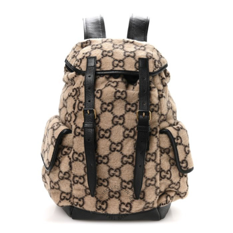 Balo Gucci Covered Wool GG Monogram Small Double Buckle Backpack Beige Ebony Black GDCB704