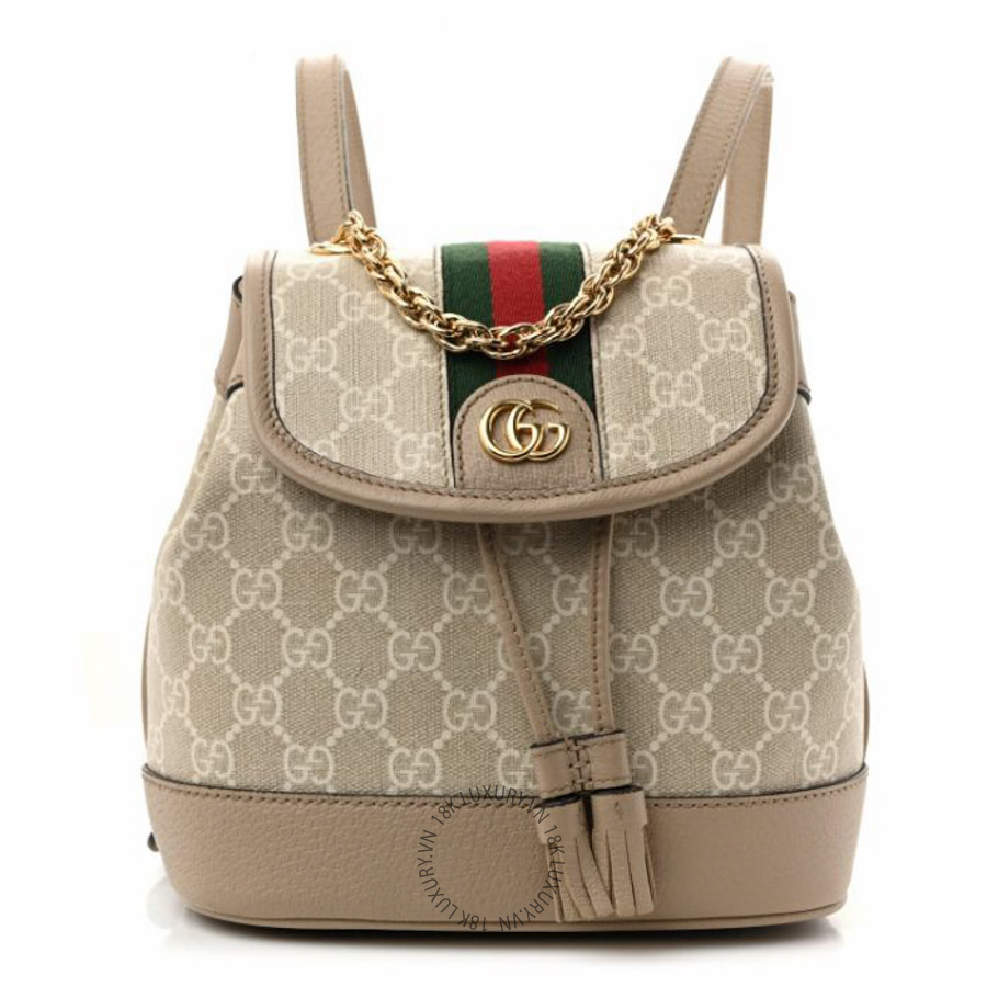 Balo Gucci GG Supreme Monogram Textured Dollar Calfskin Web Mini Chain Drawstring Backpack Beige Mystic White Oatmeal NFPG651
