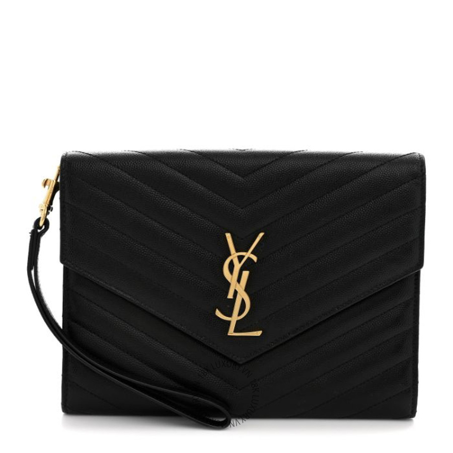 Clutch Yves Saint Laurent Grain De Poudre Matelasse Chevron Monogram Envelope Black ZZN211