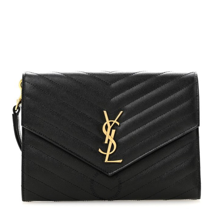 Clutch Yves Saint Laurent Grain De Poudre Matelasse Chevron Monogram Envelope Black ZZN676