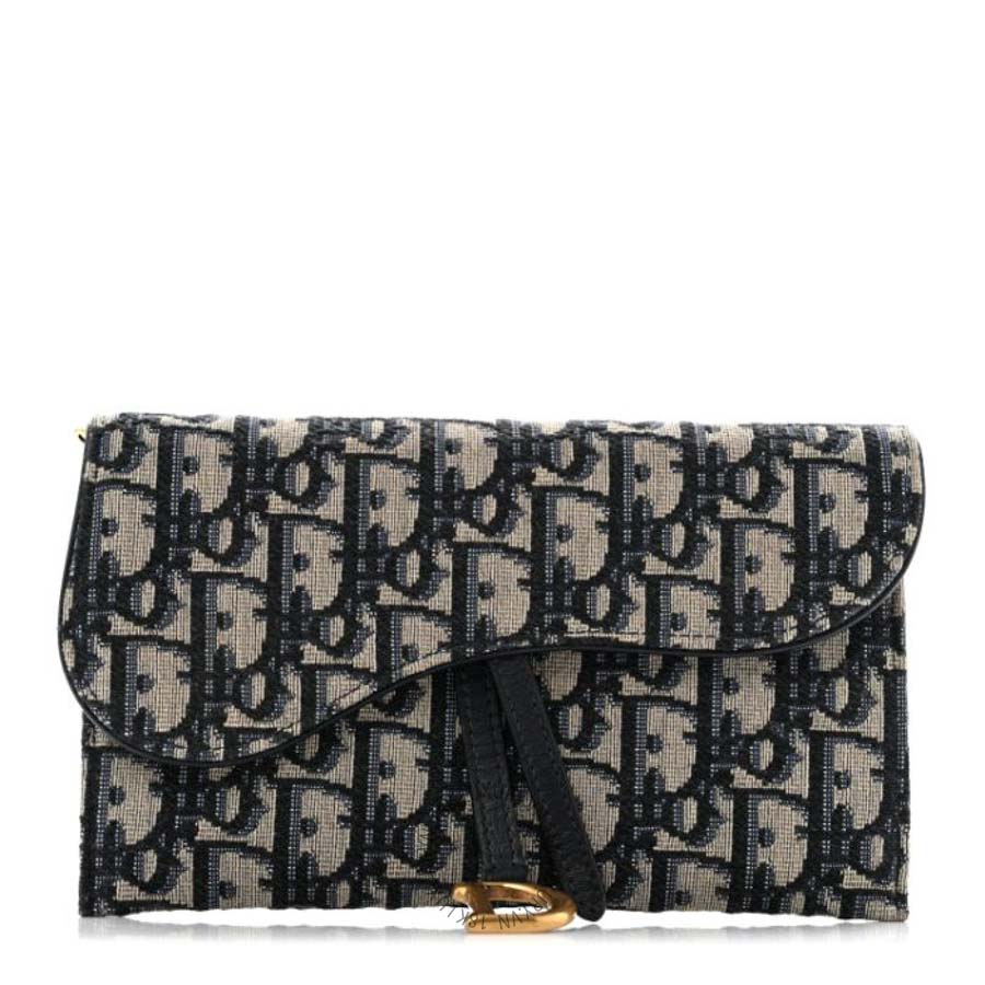 Túi cầm tay Christian Dior Oblique Saddle Chain Long Wallet Clutch Blue DIO001