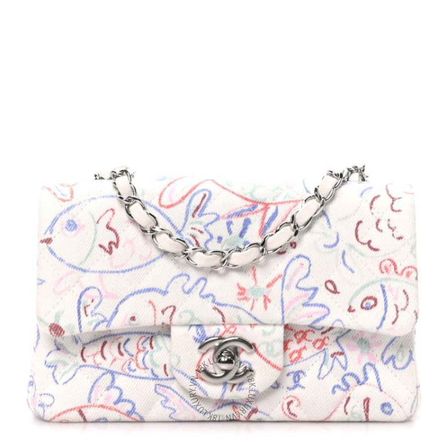 Túi đeo chéo Chanel Denim Printed Fish Quilted Mini Rectangular Flap White Multicolor FPTC664