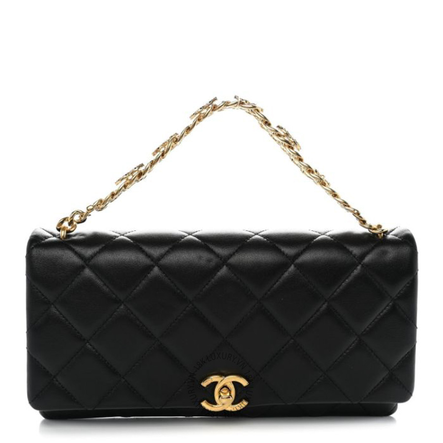 Túi Đeo Chéo Chanel Lambskin Quilted Crystal Chain Flap Clutch Black CVB764