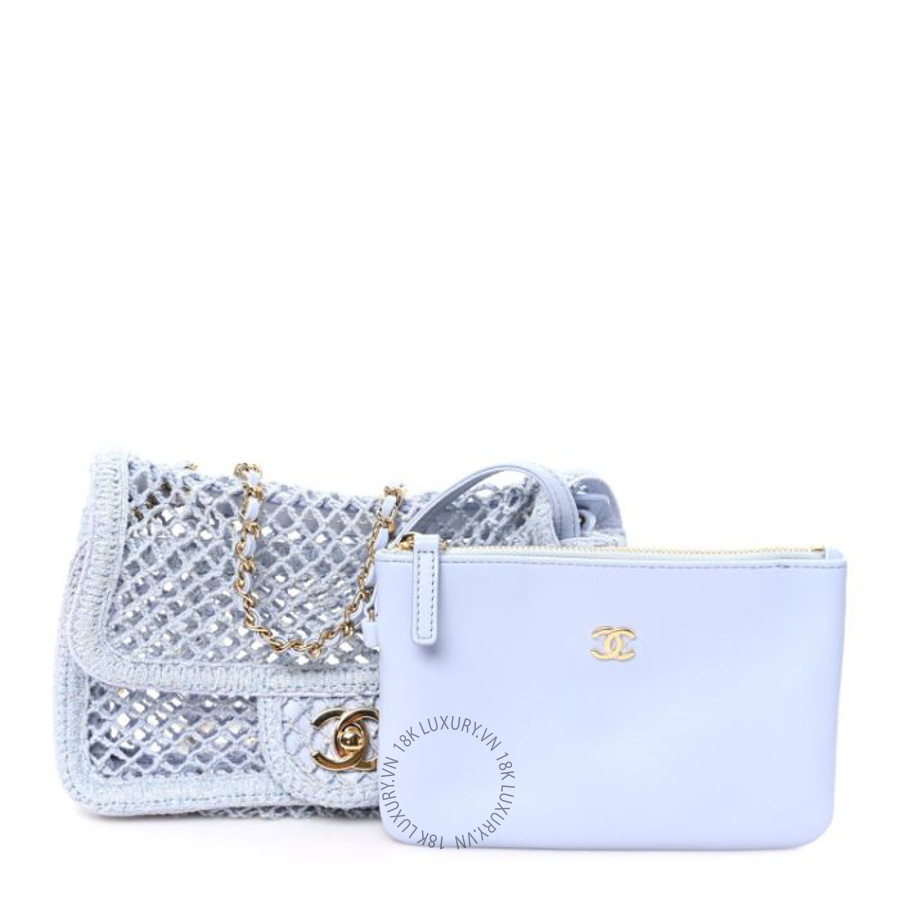 Túi Đeo Chéo Chanel Mesh Macrame Small Flap Bag Light Blue CVB927