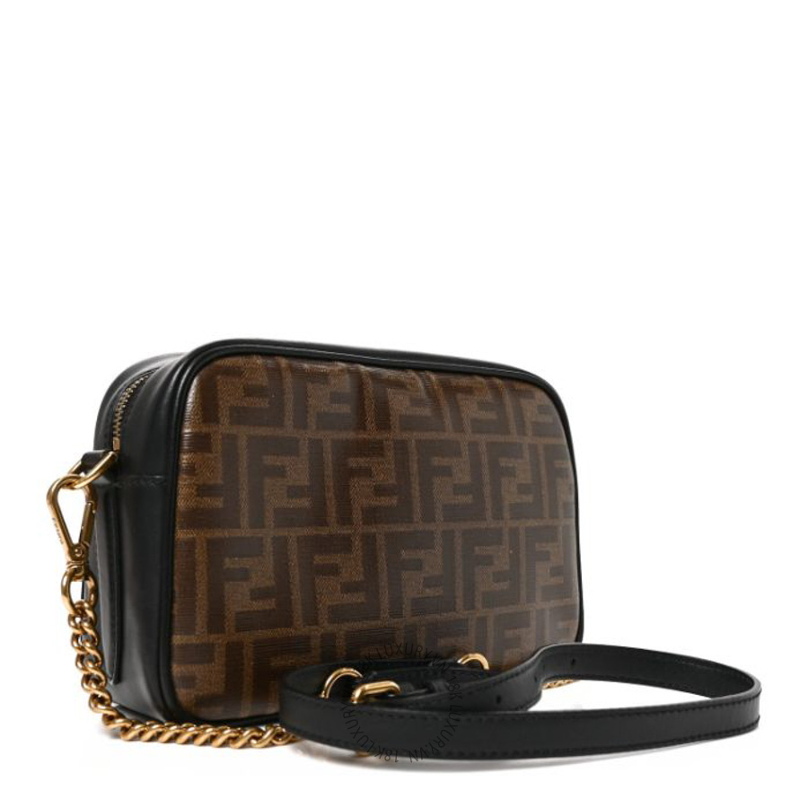 Túi đeo chéo Fendi Glazed Fabric Vitello Century FF 1974 Stamp Patch Camera Case Mogano Panna Black TFD419