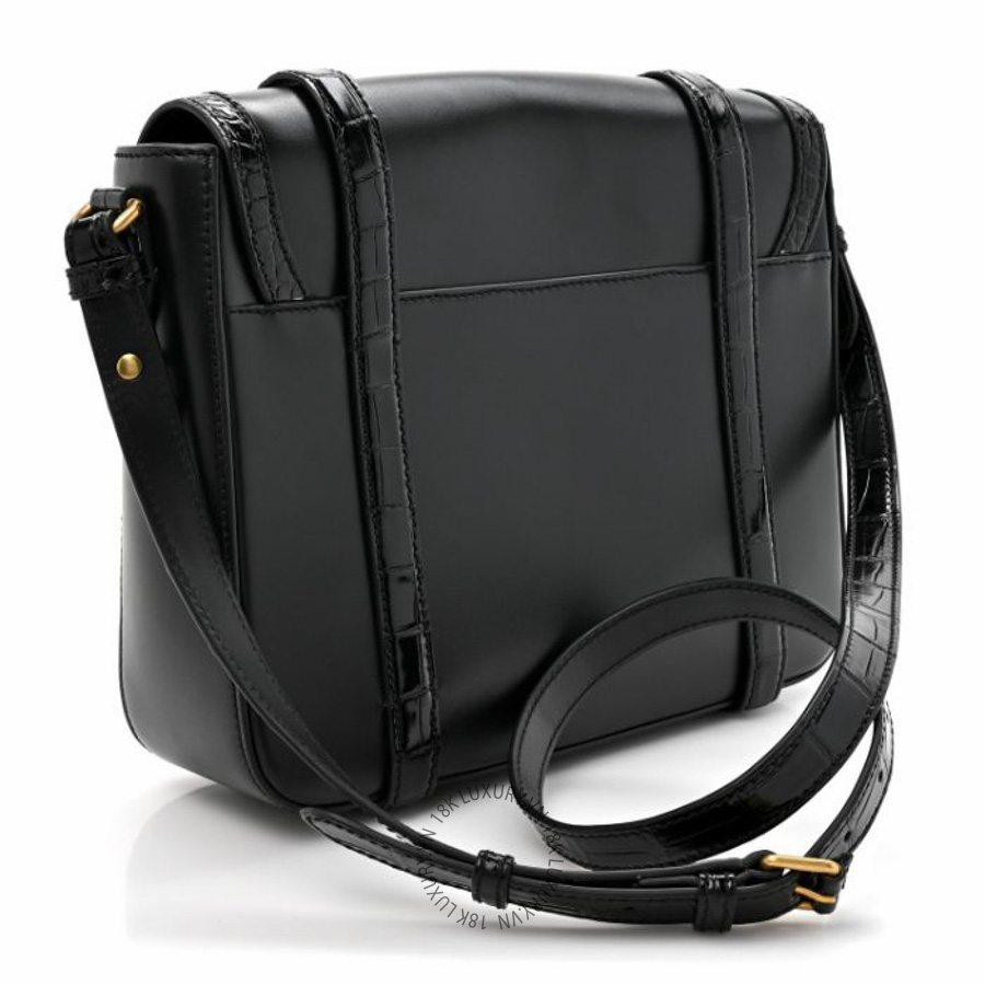 Túi đeo chéo Gucci Calfskin Crocodile GG Double Buckle Medium Messenger Bag Black NFPG501