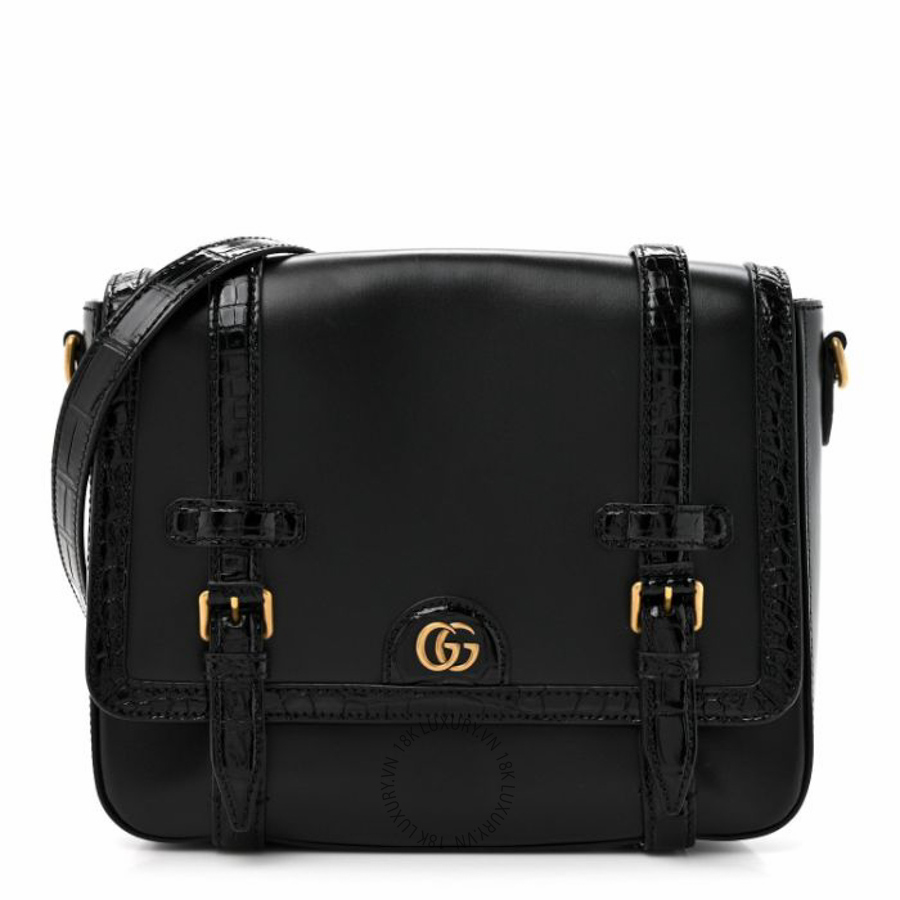 Túi đeo chéo Gucci Calfskin Crocodile GG Double Buckle Medium Messenger Bag Black NFPG501