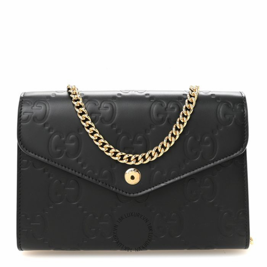 Túi đeo chéo Gucci Calfskin GG Debossed Chain Wallet Black NFPG534