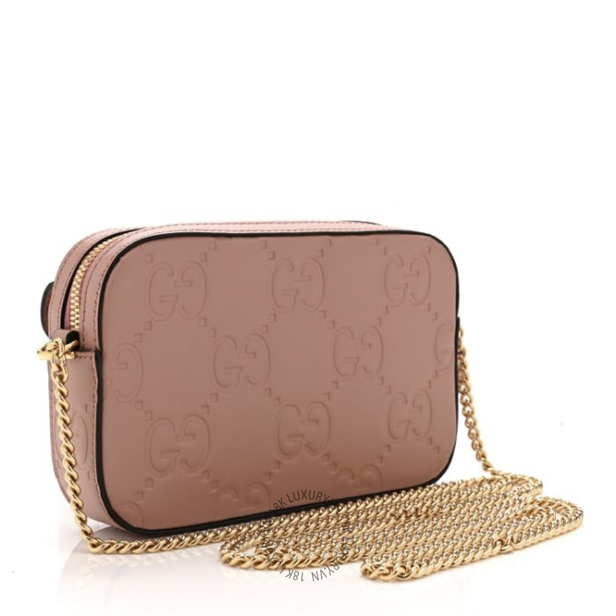 Túi Đeo Chéo Gucci Calfskin GG Super Mini Debossed Chain Wallet Dust Carmine GDCB065