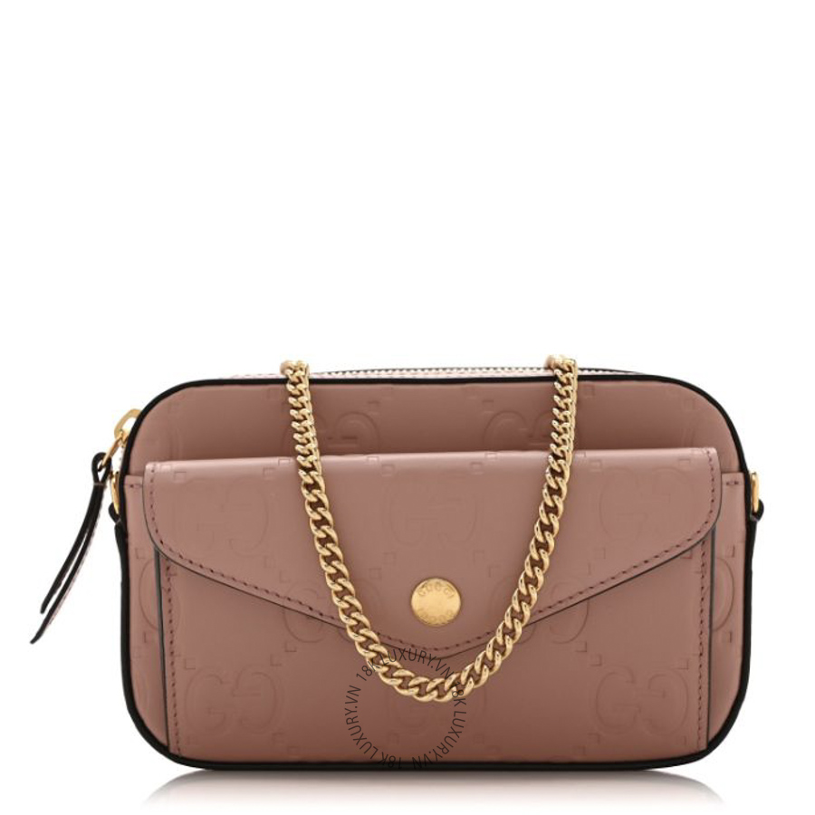 Túi Đeo Chéo Gucci Calfskin GG Super Mini Debossed Chain Wallet Dust Carmine GDCB065