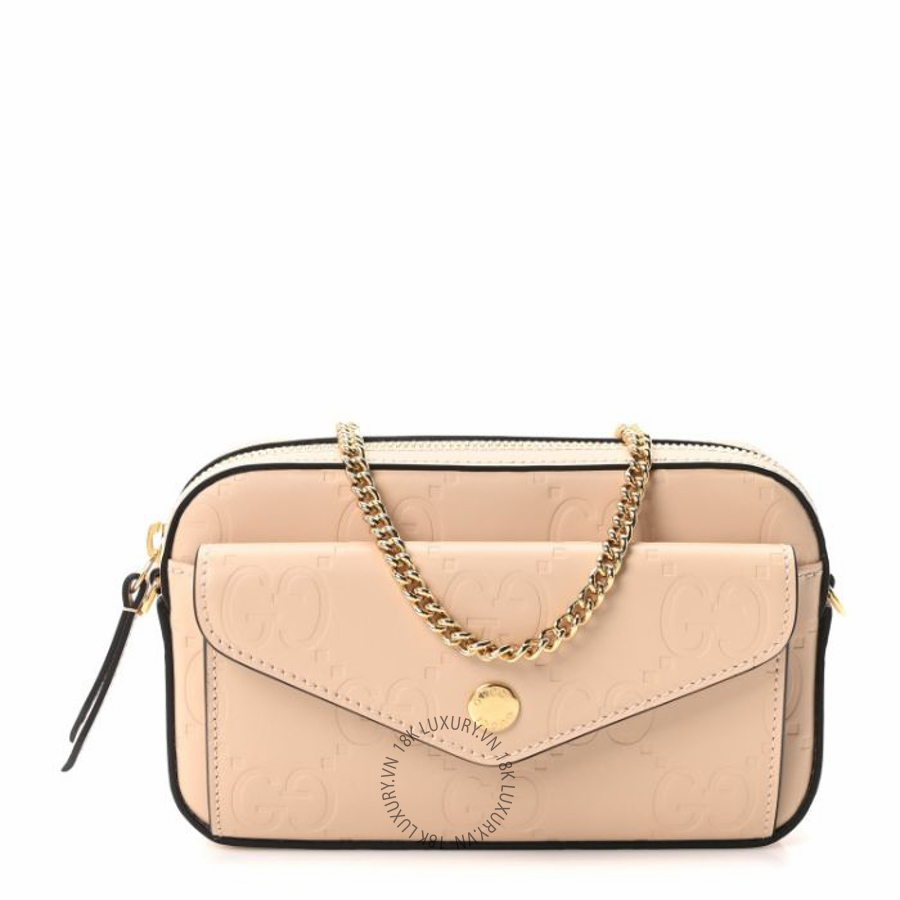 Túi đeo chéo Gucci Calfskin GG Super Mini Debossed Chain Wallet Light Beige NFPG225