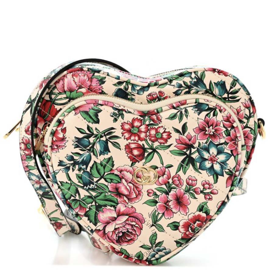 Túi Đeo Chéo Gucci Calfskin Matelasse Diagonal Brit Roses Print Mini Interlocking G Heart Shoulder Bag White Multicolor GDCB053