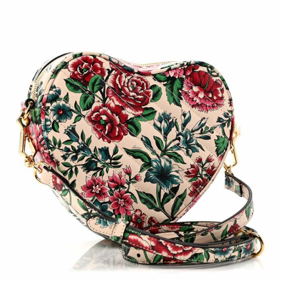 Túi đeo chéo Gucci Calfskin Matelasse Diagonal Brit Roses Print Mini Interlocking G Heart Shoulder Bag White Multicolor NFPG721