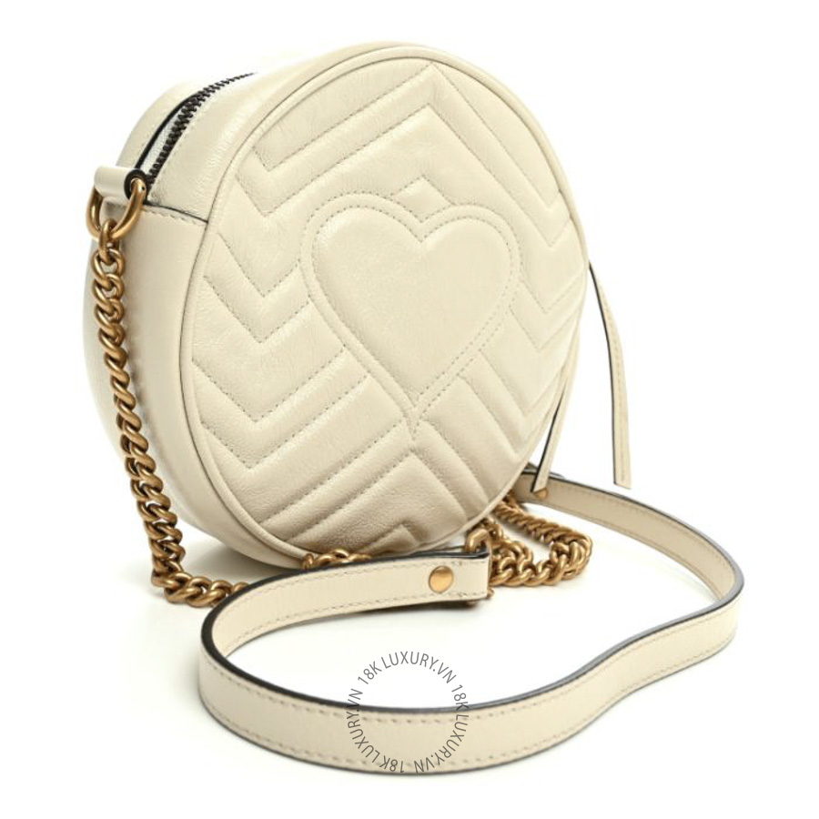 Túi Đeo Chéo Gucci Calfskin Matelasse Mini GG Marmont Round Shoulder Bag White White GDCB624