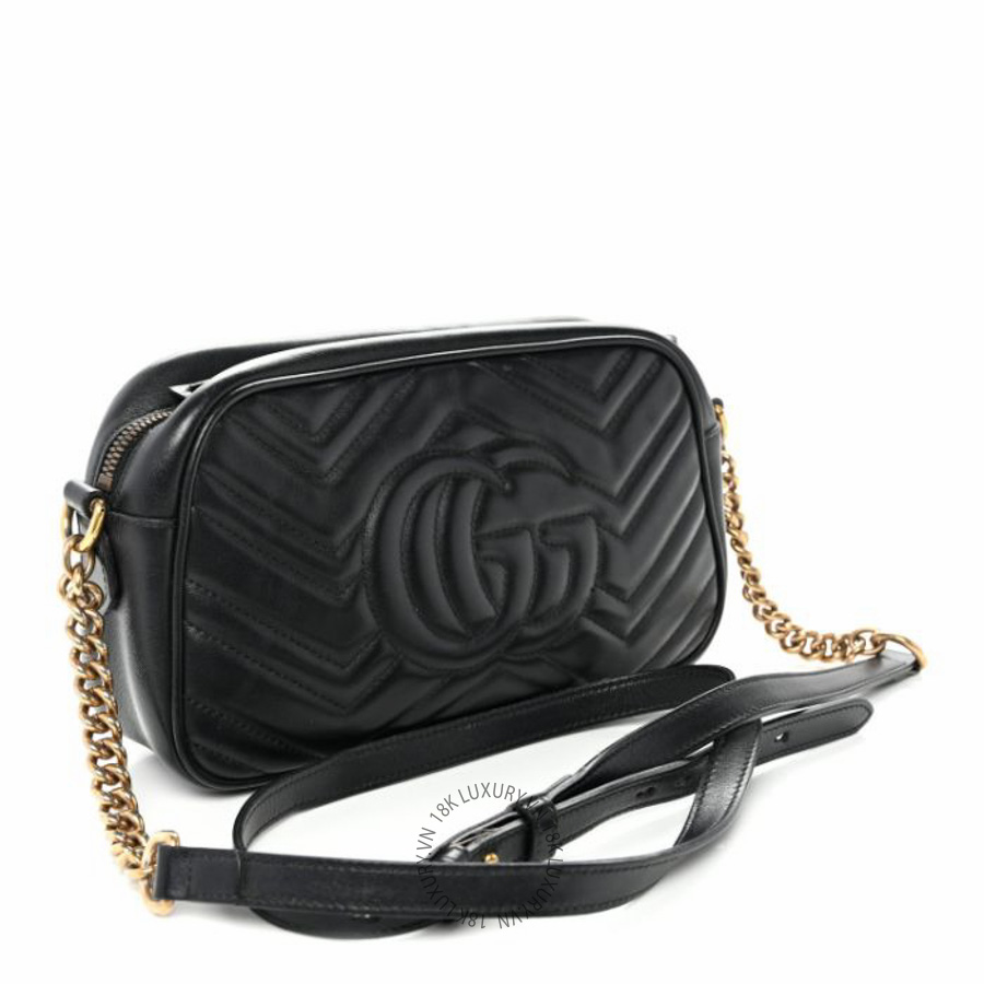 Túi đeo chéo Gucci Calfskin Matelasse Small GG Marmont Chain Shoulder Bag Black NFPG560