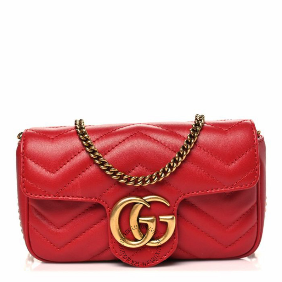 Túi đeo chéo Gucci Calfskin Matelasse Super Mini GG Marmont Shoulder Bag Hibiscus Red NFPG297