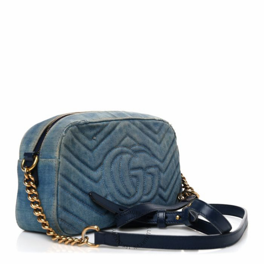 Túi đeo chéo Gucci Denim Matelasse Small Pearly GG Marmont Chain Shoulder Bag Blue NFPG460