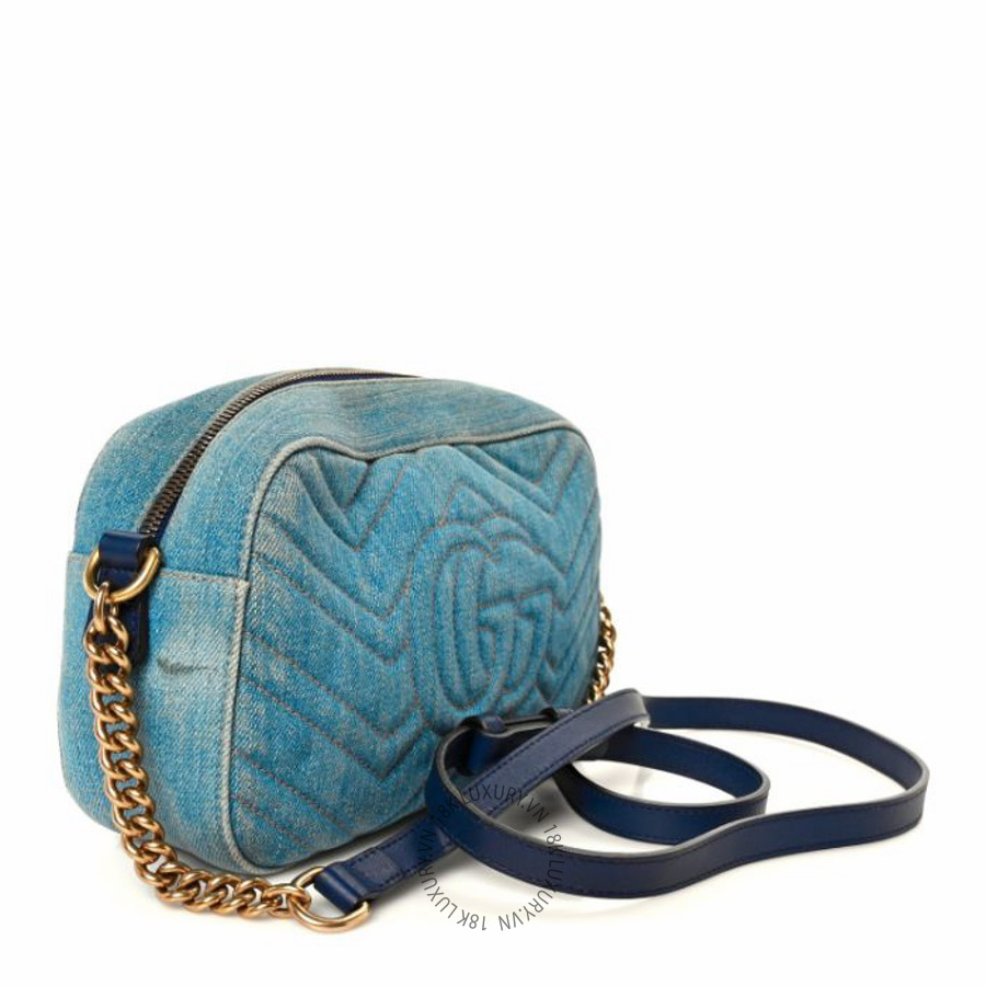 Túi đeo chéo Gucci Denim Matelasse Small Pearly GG Marmont Chain Shoulder Bag Blue NFPG526