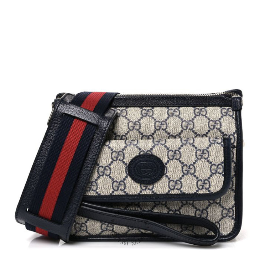 Túi Đeo Chéo Gucci GG Supreme Monogram Azalea Calfskin Retro Interlocking G Wristlet Messenger Bag Beige Blue GDCB116