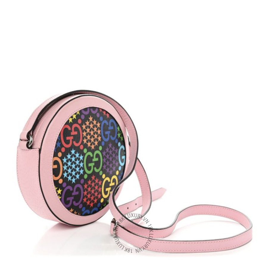Túi Đeo Chéo Gucci GG Supreme Monogram Psychedelic Round Shoulder Bag Black Multicolor Sugar Pink GDCB615