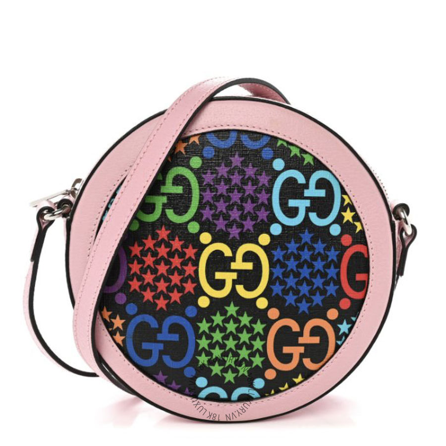 Túi Đeo Chéo Gucci GG Supreme Monogram Psychedelic Round Shoulder Bag Black Multicolor Sugar Pink GDCB615