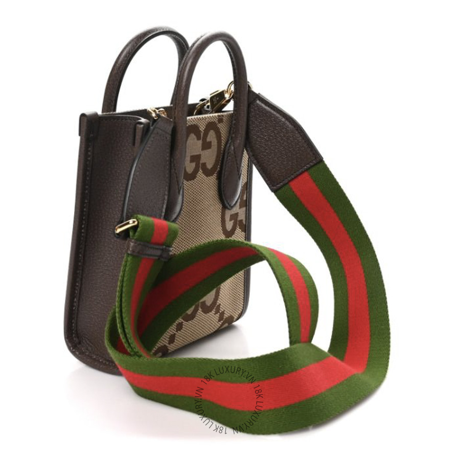 Túi Đeo Chéo Gucci Monogram Jumbo GG Textured Dollar Calfskin Web Mini Vertical Tote Camel Ebony New Acero GDCB005