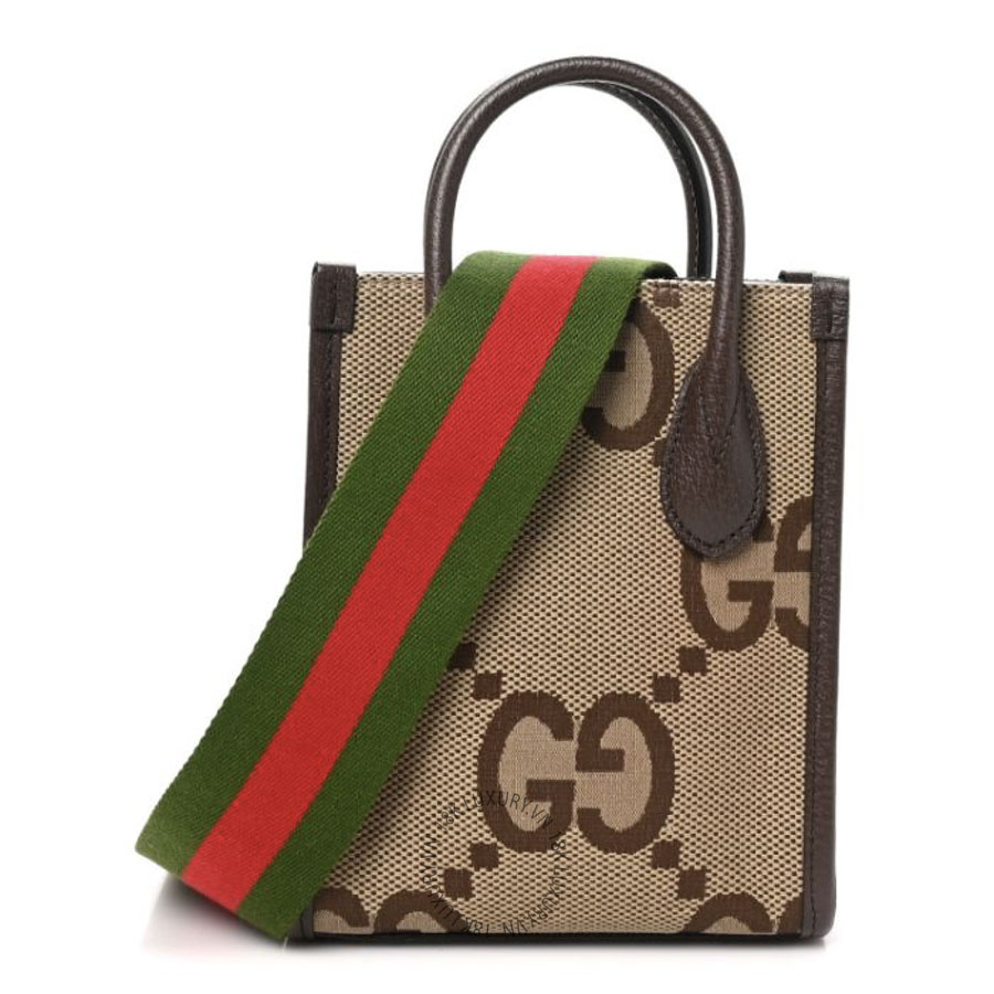 Túi Đeo Chéo Gucci Monogram Jumbo GG Textured Dollar Calfskin Web Mini Vertical Tote Camel Ebony New Acero GDCB005