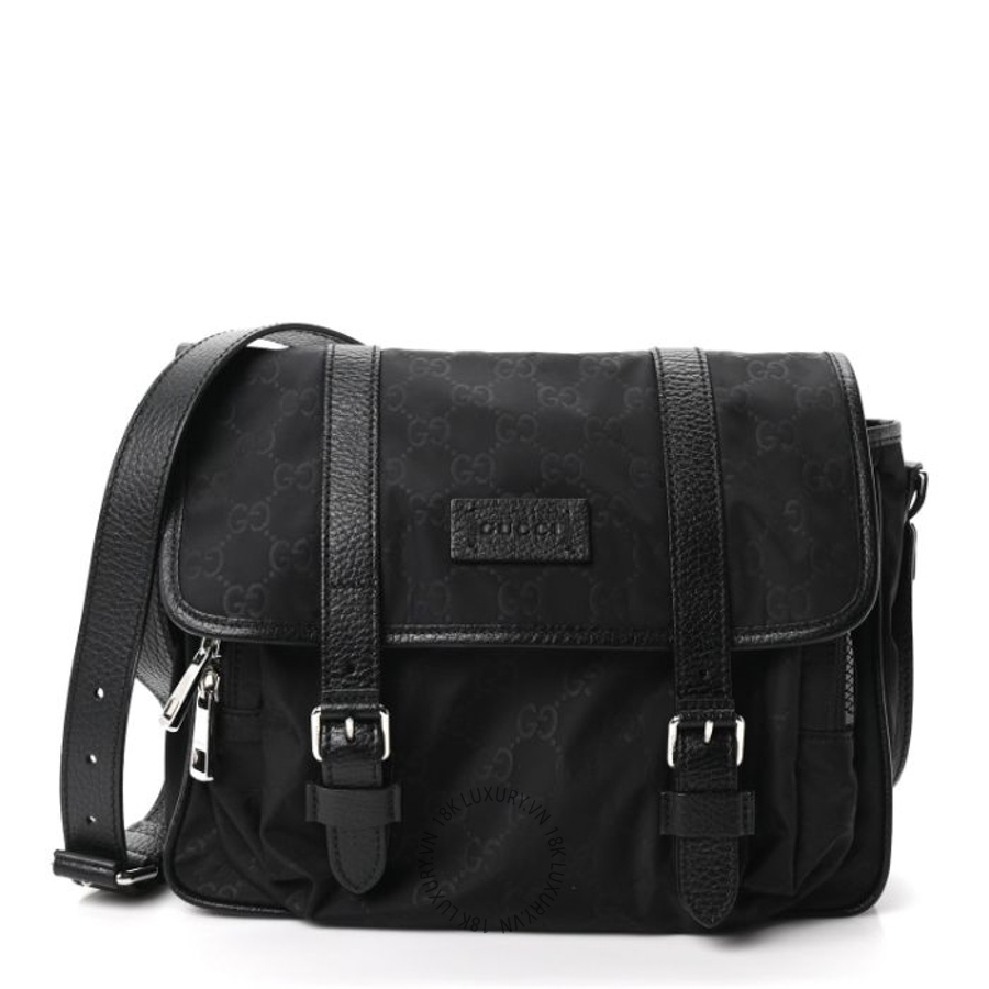 Túi Đeo Chéo Gucci Nylon Monogram Double Buckle Flap Messenger Bag Black GDCB350