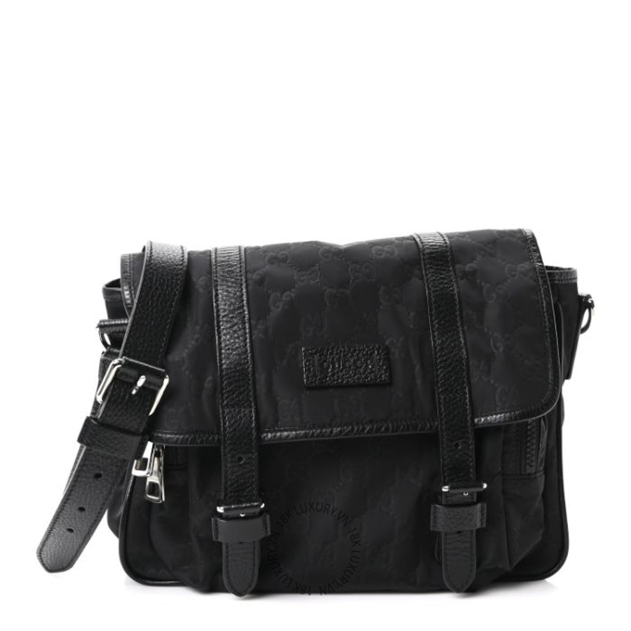 Túi Đeo Chéo Gucci Nylon Monogram Double Buckle Flap Messenger Bag Black GDCB387