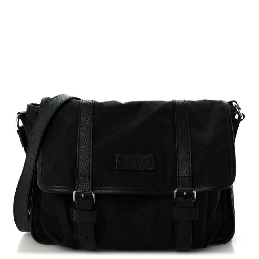 Túi đeo chéo Gucci Nylon Monogram Double Buckle Flap Messenger Bag Black GGC603