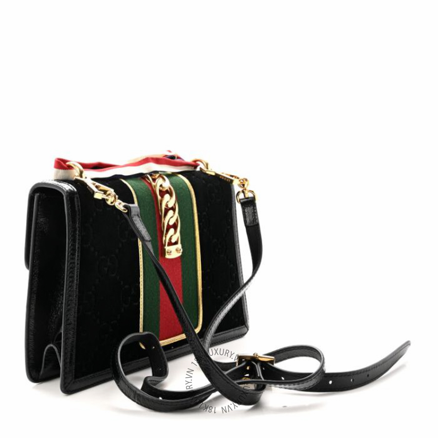 Túi đeo chéo Gucci Velvet GG Monogram Small Sylvie Top Handle Bag Black NFPG399