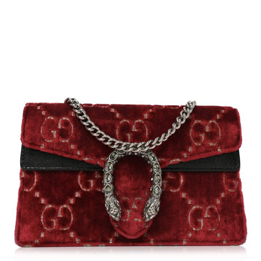 Túi Đeo Chéo Gucci Velvet GG Monogram Super Mini Dionysus Shoulder Bag Red Cipria Black GDCB168